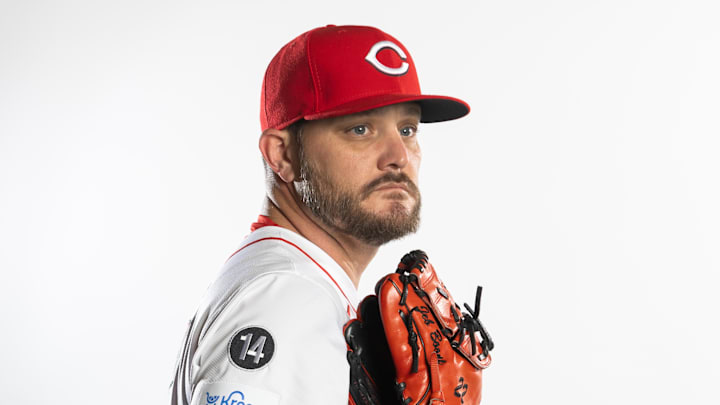 Feb 18, 2025; Goodyear, AZ, USA; Cincinnati Reds pitcher Wade Miley poses for a portrait during Media Day at the Cincinnati Reds Development Complex. Mandatory Credit: Mark J. Rebilas-Imagn Images