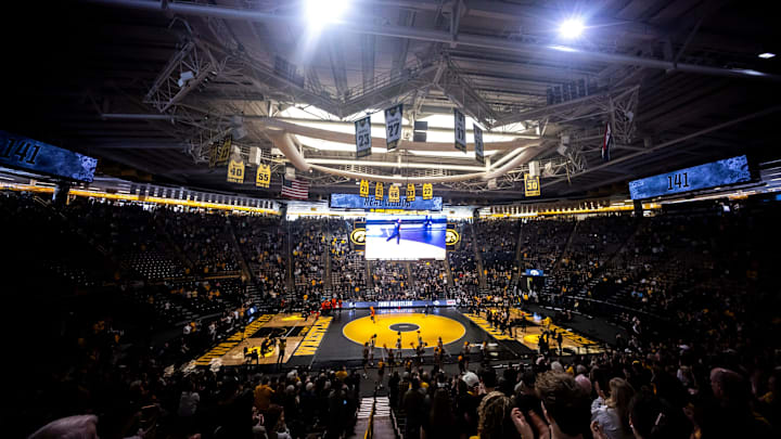 A general view as fans watch introductions during a NCAA men's wrestling dual between Iowa and Oregon State, Sunday, Nov. 19, 2023, at Carver-Hawkeye Arena in Iowa City, Iowa.