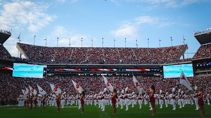 Sep 7, 2024; Tuscaloosa, Alabama, USA; Helicopters fly over Saban Field just before the Alabama Crimson Tide faces off against the South Florida Bulls at Bryant-Denny Stadium. Mandatory Credit: William McLelland-Imagn Images Sep 7, 2024; Tuscaloosa, Alabama, USA; Helicopters fly over Saban Field just before the Alabama Crimson Tide faces off against the South Florida Bulls at Bryant-Denny Stadium. Mandatory Credit: William McLelland-Imagn Images