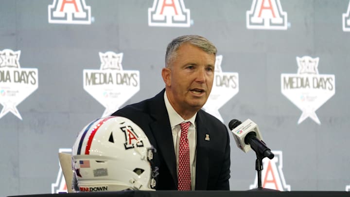 Jul 9, 2025; Frisco, TX, USA; Arizona head coach Brent Brennan speaks with the media during 2025 Big 12 Football Media Days at The Star. Mandatory Credit: Raymond Carlin III-Imagn Images Jul 9, 2025; Frisco, TX, USA; Arizona head coach Brent Brennan speaks with the media during 2025 Big 12 Football Media Days at The Star. Mandatory Credit: Raymond Carlin III-Imagn Images