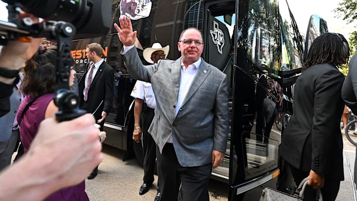 Aug 31, 2024; College Station, Texas, USA; Texas A&M Aggies head coach Mike Elko arrives prior to the game against the Notre Dame Fighting Irish at Kyle Field. Mandatory Credit: Maria Lysaker-USA TODAY Sp