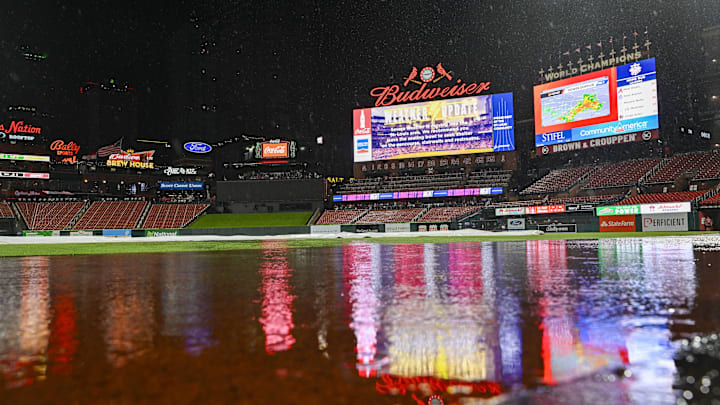 Jul 14, 2023; St. Louis, Missouri, USA;  A general view of the Busch Stadium scoreboard during a rain delayed game between the St. Louis Cardinals and the Washington Nationals. Mandatory Credit: Jeff Curry-Imagn Images