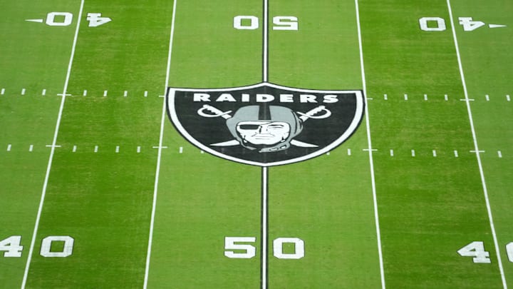 Oct 27, 2024; Paradise, Nevada, USA; A Las Vegas Raiders shield logo at midfield at Allegiant Stadium. Mandatory Credit: Kirby Lee-Imagn Images