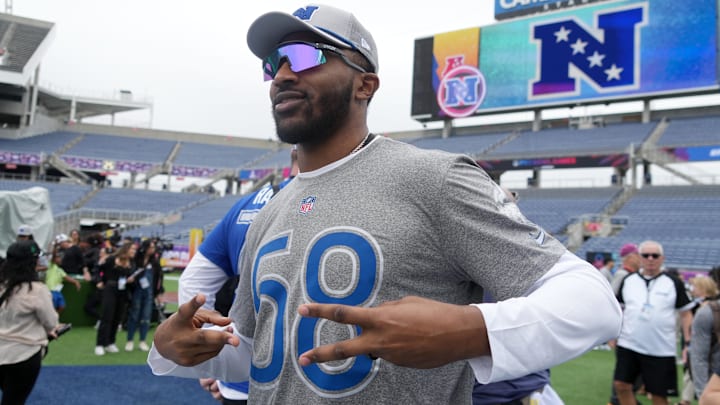 Feb 1, 2025; Orlando, FL, USA; Minnesota Vikings linebacker Jonathan Greenard (58) poses during NFC Practice for the Pro Bowl Games at Camping World Stadium.