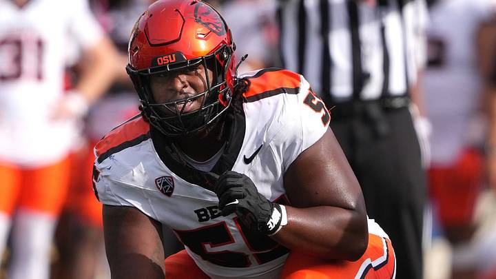 Oct 26, 2024; Berkeley, California, USA; Oregon State beavers offensive lineman Van Wells (55) during the third quarter against the California Golden Bears at California Memorial Stadium. Mandatory Credit: Darren Yamashita-Imagn Images Oct 26, 2024; Berkeley, California, USA; Oregon State beavers offensive lineman Van Wells (55) during the third quarter against the California Golden Bears at California Memorial Stadium. Mandatory Credit: Darren Yamashita-Imagn Images