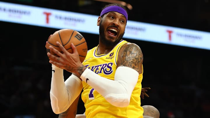 Apr 5, 2022; Phoenix, Arizona, USA: Los Angeles Lakers forward Carmelo Anthony (7) against the Phoenix Suns at Footprint Center. Mandatory Credit: Mark J. Rebilas-Imagn Images