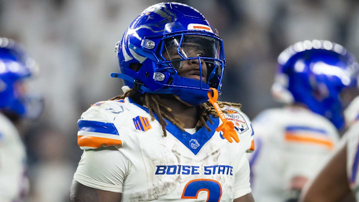 Dec 31, 2024; Glendale, AZ, USA; Boise State Broncos running back Ashton Jeanty (2) against the Penn State Nittany Lions during the Fiesta Bowl at State Farm Stadium. Mandatory Credit: Mark J. Rebilas-Imagn Images