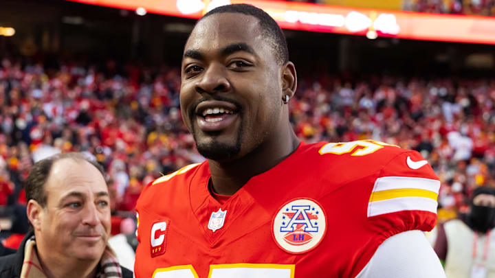  Kansas City Chiefs defensive tackle Chris Jones (95) against the Buffalo Bills during the AFC Championship game at GEHA Field at Arrowhead Stadium.