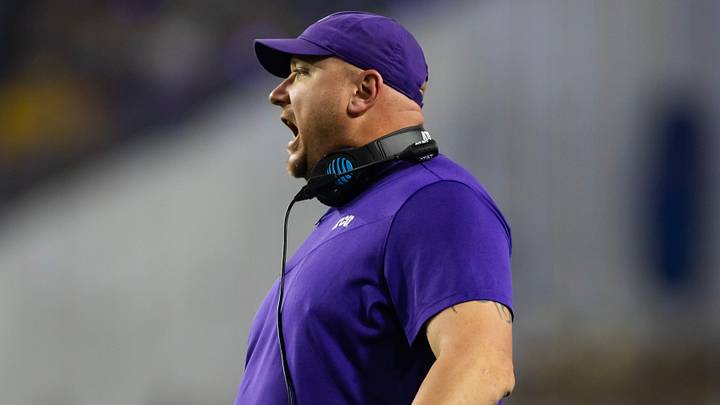 Dec 31, 2022; Glendale, Arizona, USA; TCU Horned Frogs co-offensive coordinator A.J. Ricker against the Michigan Wolverines during the 2022 Fiesta Bowl at State Farm Stadium. Mandatory Credit: Mark J. Rebilas-USA TODAY Sports