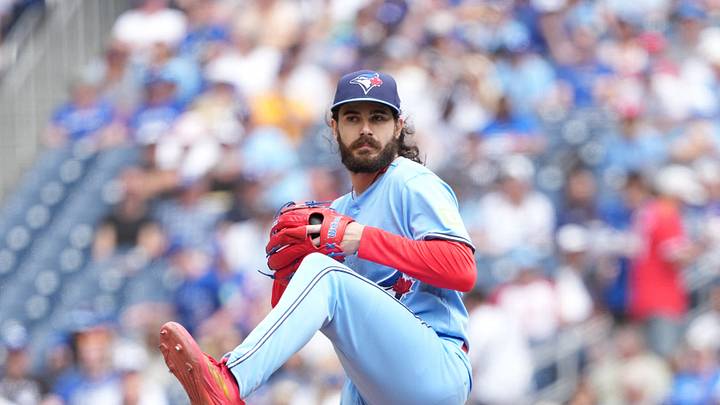 Aug 16, 2026; Toronto, Ontario, CAN; Toronto Blue Jays starting pitcher Dylan Cease (84) throws a pitch against the New York Yankees during the first inning at Rogers Centre. Mandatory Credit: Nick Turchiaro-Imagn Images