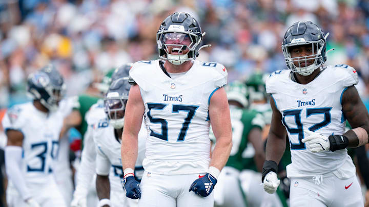 Tennessee Titans linebacker Luke Gifford (57) celebrates a stop on special teams against the New York Jets during their game at Nissan Stadium in Nashville, Tenn., Sunday, Sept. 15, 2024.