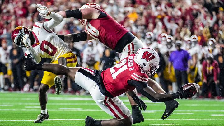 Wisconsin Badgers running back Bryan Jackson II (21) dives for the end zone but is ruled down on the one-yard line during the game against USC, Oct. 24, 2026, at Camp Randall Stadium in Madison, Wisconsin. Wisconsin Badgers running back Bryan Jackson II (21) dives for the end zone but is ruled down on the one-yard line during the game against USC, Oct. 24, 2026, at Camp Randall Stadium in Madison, Wisconsin.