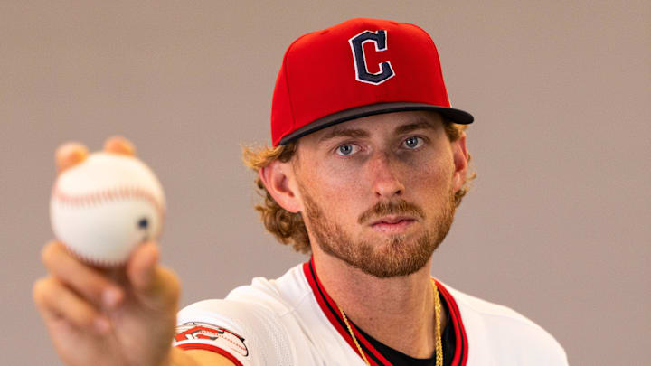 Feb 19, 2026; Goodyear, AZ, USA; Cleveland Guardians pitcher Tanner Bibee (28) during media day in Goodyear. Mandatory Credit: Arianna Grainey-Imagn Images