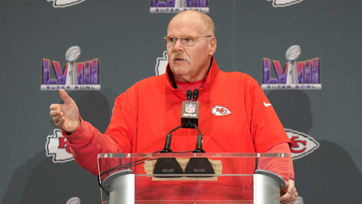 Feb 8, 2024; Las Vegas, NV, USA; Kansas City Chiefs head coach Andy Reid during a press conference before Super Bowl LVIII at Westin Lake Las Vegas Resort and Spa. Mandatory Credit: Kyle Terada-Imagn Images