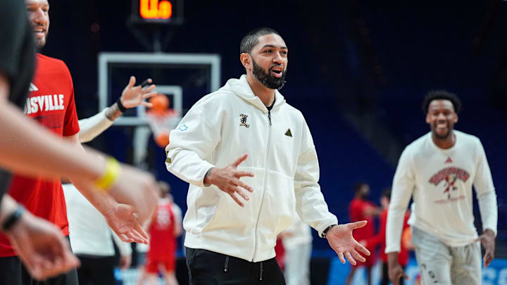 Louisville Cardinals' director of player development Peyton Siva fires up the team during practice before the first round of the 2025 NCAA men's basketball tournament In Lexington, Kentucky Wednesday, March 19, 2025. Louisville Cardinals' director of player development Peyton Siva fires up the team during practice before the first round of the 2025 NCAA men's basketball tournament In Lexington, Kentucky Wednesday, March 19, 2025.