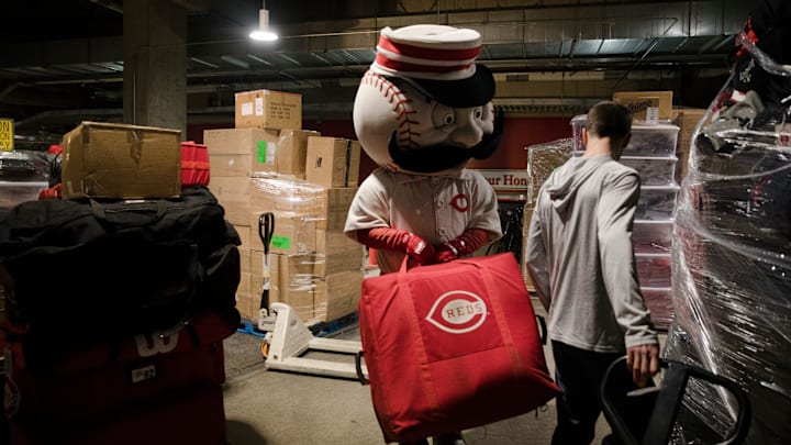 Mr. Redlegs helps load the the Spring Training Truck at Great American Ball Park in downtown Cincinnati on Thursday, Feb. 6, 2020.

Reds Spring Training Truck 00344