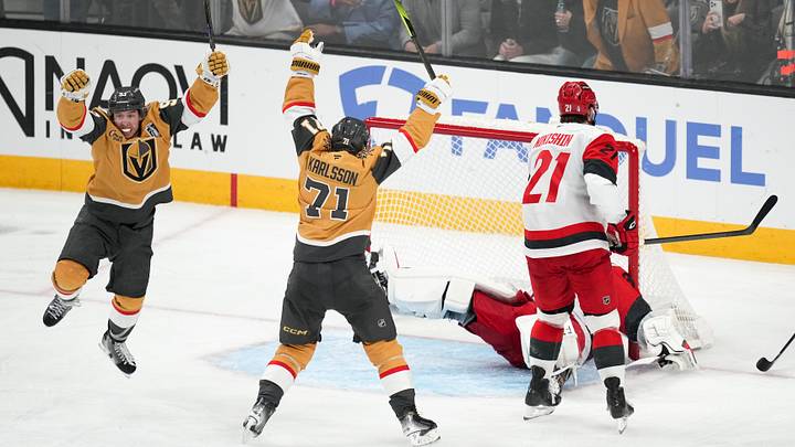 Jun 6, 2026; Las Vegas, Nevada, USA; Vegas Golden Knights right wing Mitch Marner (93) and center William Karlsson (71) celebrates a goal by defenseman Shea Theodore (not pictured) against the Carolina Hurricanes during the second overtime in game three of the 2026 Stanley Cup Final at T-Mobile Arena. Jun 6, 2026; Las Vegas, Nevada, USA; Vegas Golden Knights right wing Mitch Marner (93) and center William Karlsson (71) celebrates a goal by defenseman Shea Theodore (not pictured) against the Carolina Hurricanes during the second overtime in game three of the 2026 Stanley Cup Final at T-Mobile Arena.