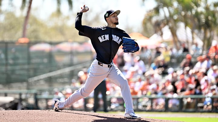 Feb 20, 2026; Sarasota, Florida, USA; New York Yankees starting pitcher Elmer Rodriguez (76) throws a pitch in the first inning against the Baltimore Orioles during spring training at Ed Smith Stadium. Mandatory Credit: Jonathan Dyer-Imagn Images