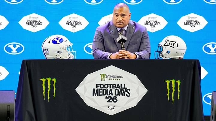 Jul 7, 2026; Frisco, TX, USA;  BYU head coach Kalani Sitake speaks with reporters during Big 12 Conference Football Media Days at The Star. Mandatory Credit: Raymond Carlin III-Imagn Images