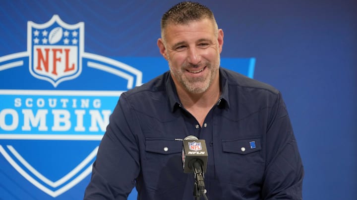 New England Patriots coach Mike Vrabel speaks during the NFL Scouting Combine at the Indiana Convention Center.