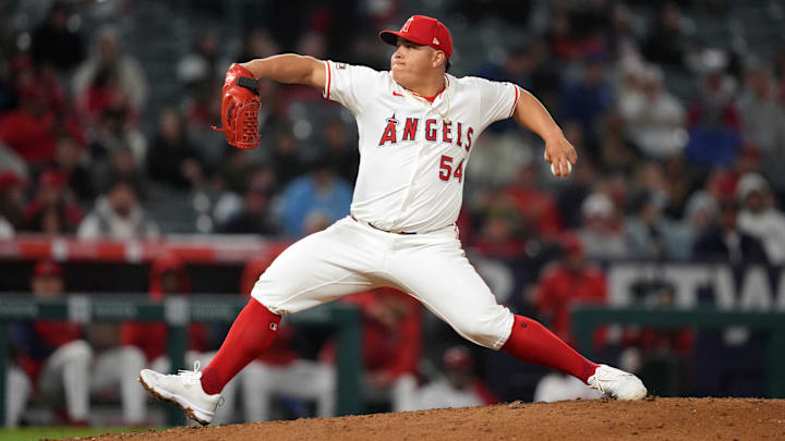 Apr 22, 2024; Anaheim, California, USA; Los Angeles Angels pitcher Jose Suarez (54) throws in the ninth inning against the Baltimore Orioles at Angel Stadium. Mandatory Credit: Kirby Lee-Imagn Images
