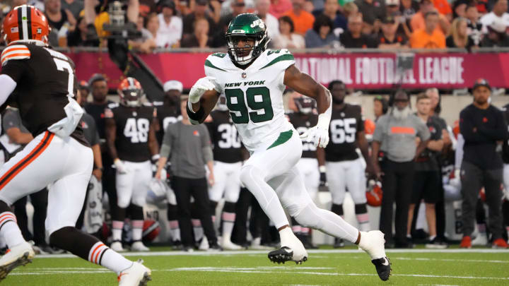 Aug 3, 2023; Canton, Ohio, USA; New York Jets defensive end Will McDonald IV (99) against the Cleveland Browns during the first half at Tom Benson Hall of Fame Stadium. 