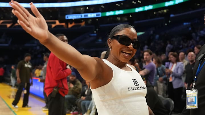 Jun 9, 2025; Los Angeles, California, USA; Jordan Chiles attends the game between the Golden State Valkyries and the LA Sparks at Crypto.com Arena. 