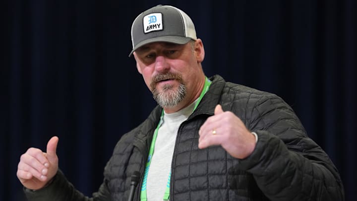 Detroit Lions coach Dan Campbell speaks at the NFL Scouting Combine at the Indiana Convention Center Detroit Lions coach Dan Campbell speaks at the NFL Scouting Combine at the Indiana Convention Center