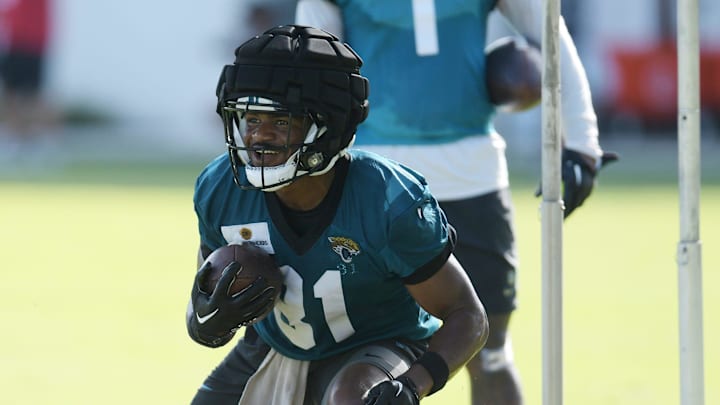 Jacksonville Jaguars running back Keilan Robinson (31) runs drills during the fourth day of the NFL football training camp practice session Saturday, July 27, 2024 at EverBank Stadium's Miller Electric Center in Jacksonville, Fla. [Bob Self/Florida Times-Union]