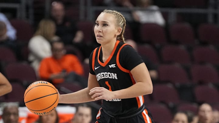 March 10, 2025; Las Vegas, NV, USA; Oregon State Beavers guard Kennedie Shuler (1) dribbles the basketball against the Gonzaga Bulldogs during the first half in the semifinal of the West Coast Conference tournament at Orleans Arena. Mandatory Credit: Kyle Terada-Imagn Images