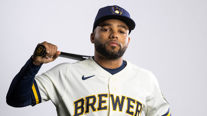 Feb 20, 2026; Phoenix, AZ, USA; Milwaukee Brewers outfielder Steward Berroa poses for a portrait during photo day at American Family Fields of Phoenix. Mandatory Credit: Mark J. Rebilas-Imagn Images