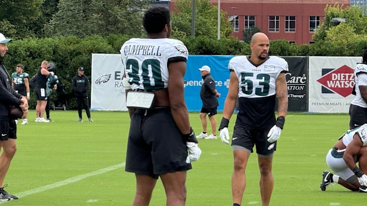 Zack Baun (right) returned to practice after missing a couple of weeks with a back issue, and rookie Jihaad Campbell got some first-team reps with him on Day 16 of Eagles training camp.