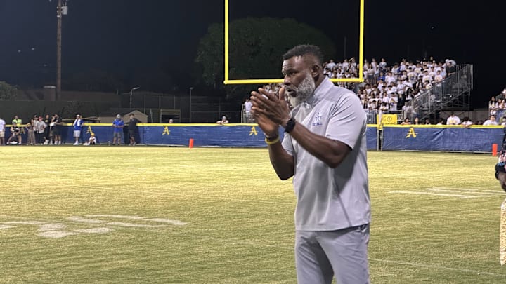 New Bishop Amat football coach Kory Minor looks on while his Lancers hold on to a large lead over St. Paul in 2025 season opener at home.