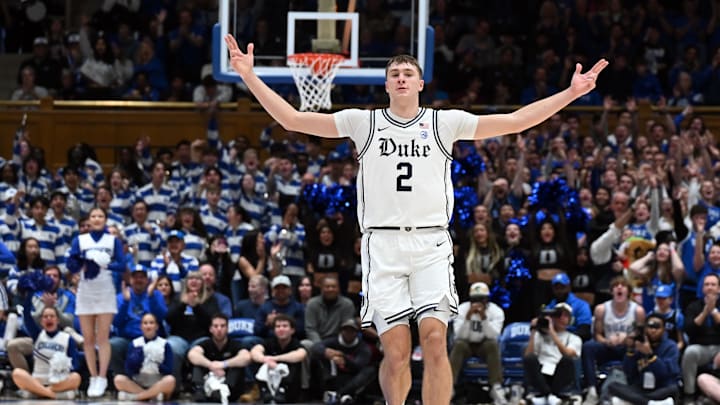 Jan 11, 2025; Durham, North Carolina, USA; Duke Blue Devils forward Cooper Flagg (2) reacts during the second half against the Notre Dame Fighting Irish at Cameron Indoor Stadium. Mandatory Credit: Rob Kinnan-Imagn Images