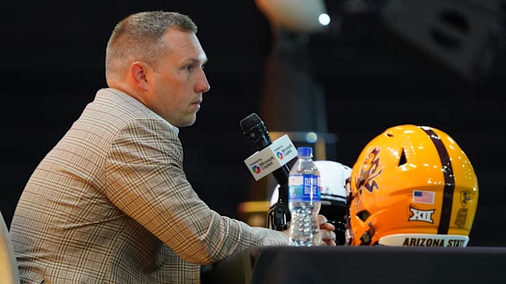 Jul 8, 2025; Frisco, TX, USA; Arizona State head coach Kenny Dillingham addresses the media during 2025 Big 12 Football Media Days at The Star. Mandatory Credit: Raymond Carlin III-Imagn Images Jul 8, 2025; Frisco, TX, USA; Arizona State head coach Kenny Dillingham addresses the media during 2025 Big 12 Football Media Days at The Star. Mandatory Credit: Raymond Carlin III-Imagn Images