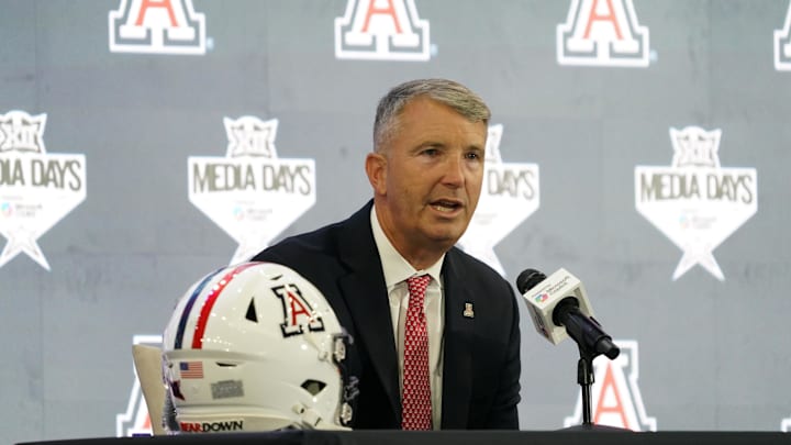 Jul 9, 2025; Frisco, TX, USA; Arizona head coach Brent Brennan speaks with the media during 2025 Big 12 Football Media Days at The Star. Mandatory Credit: Raymond Carlin III-Imagn Images