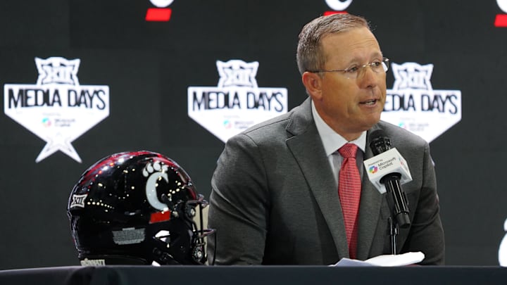 Jul 8, 2025; Frisco, TX, USA; Cincinnati head coach Scott Satterfield addresses the media during 2025 Big 12 Football Media Days at The Star. Mandatory Credit: Raymond Carlin III-Imagn Images Jul 8, 2025; Frisco, TX, USA; Cincinnati head coach Scott Satterfield addresses the media during 2025 Big 12 Football Media Days at The Star. Mandatory Credit: Raymond Carlin III-Imagn Images