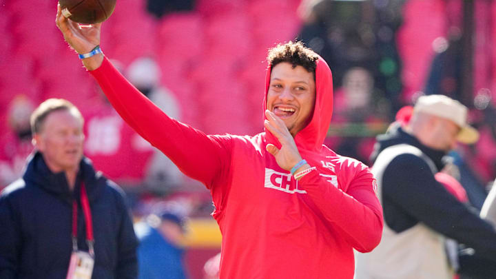 Nov 29, 2024; Kansas City, Missouri, USA; Kansas City Chiefs quarterback Patrick Mahomes (15) warms up against the Las Vegas Raiders prior to a game at GEHA Field at Arrowhead Stadium. Mandatory Credit: Denny Medley-Imagn Images