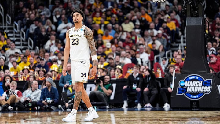 Michigan forward Yaxel Lendeborg (23) looks on before a play against Alabama during the second half of NCAA Tournament Sweet 16 round at United Center in Chicago on Friday, March 27, 2026.