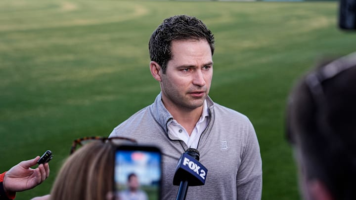 Detroit Tigers president of baseball operations Scott Harris speaks to press on the first day of spring training at TigerTown in Lakeland, Fla. on Wednesday, Feb. 11, 2026. Detroit Tigers president of baseball operations Scott Harris speaks to press on the first day of spring training at TigerTown in Lakeland, Fla. on Wednesday, Feb. 11, 2026.