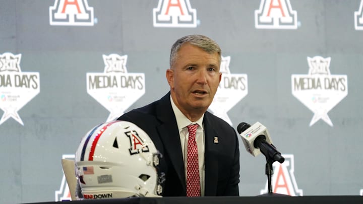 Jul 9, 2025; Frisco, TX, USA; Arizona head coach Brent Brennan speaks with the media during 2025 Big 12 Football Media Days at The Star. Mandatory Credit: Raymond Carlin III-Imagn Images Jul 9, 2025; Frisco, TX, USA; Arizona head coach Brent Brennan speaks with the media during 2025 Big 12 Football Media Days at The Star. Mandatory Credit: Raymond Carlin III-Imagn Images