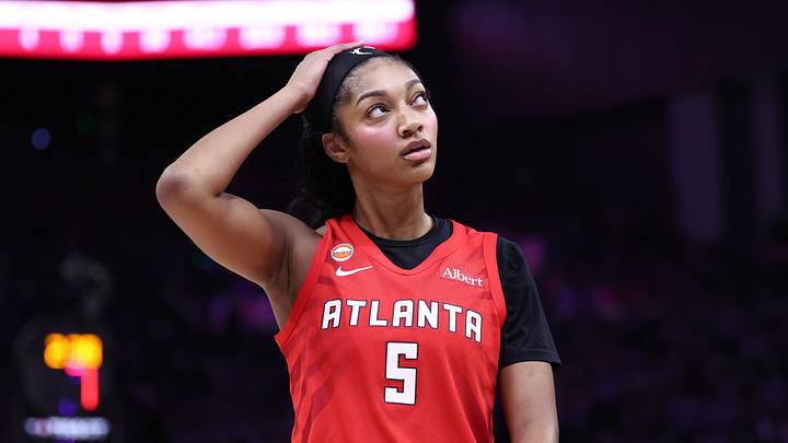 Oct 17, 2026; San Francisco, California, USA; Atlanta Dream forward Angel Reese (5) between plays against the Golden State Valkyries during the fourth quarter of game one of the 2026 WNBA Finals at Chase Center. Mandatory Credit: Kelley L Cox-Imagn Images