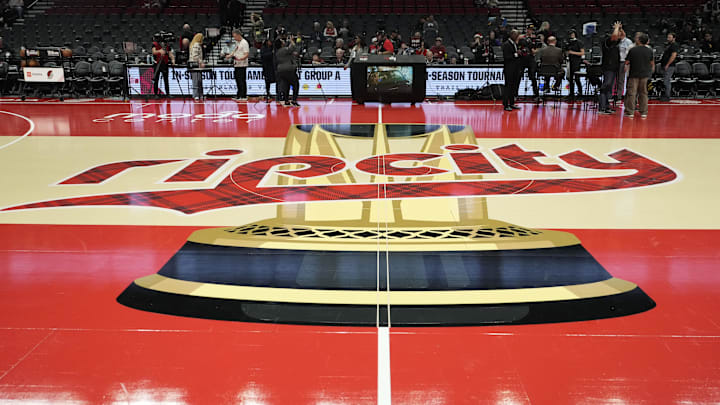 Nov 3, 2023; Portland, Oregon, USA; The Portland Trail Blazers logo at center court before the game against the Memphis Grizzlies at Moda Center. Mandatory Credit: Soobum Im-Imagn Images
