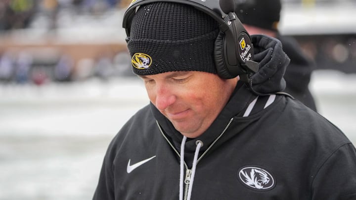 Nov 30, 2024; Columbia, Missouri, USA; Missouri Tigers head coach Eli Drinkwitz on the sidelines against the Arkansas Razorbacks during the first half at Faurot Field at Memorial Stadium. Mandatory Credit: Denny Medley-Imagn Images