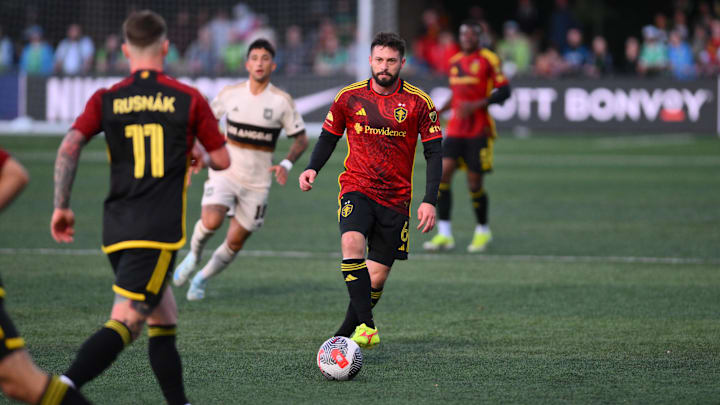 Aug 28, 2024; Tukwila, Washington, USA; Seattle Sounders FC midfielder Joao Paulo (6) plays the ball during the first half against the LAFC at Starfire Sports Complex. Mandatory Credit: Steven Bisig-Imagn Images