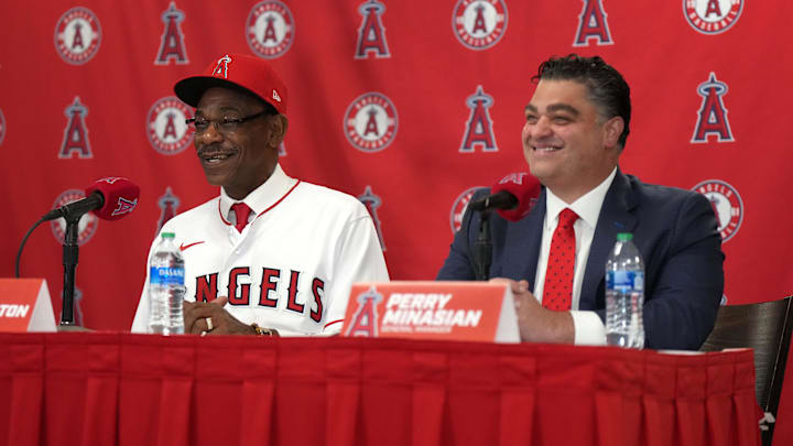 Nov 15, 2023; Anaheim, CA, USA; Los Angeles Angels manager Ron Washington (left) poses with general