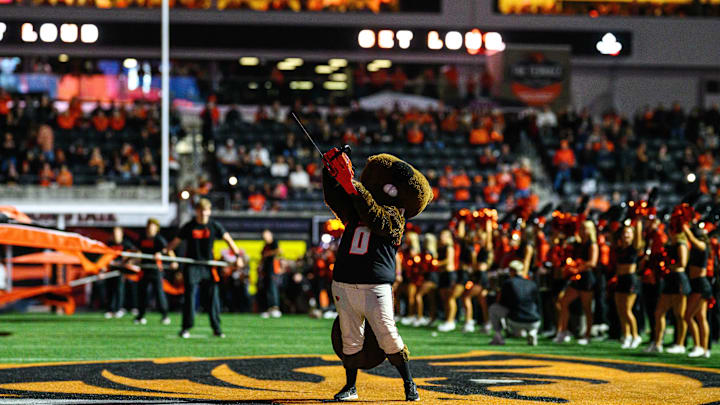 Oct 18, 2025; Corvallis, Oregon, USA; Oregon State Beavers mascot Benny Beaver on the field during pregame ceremonies at Reser Stadium. Mandatory Credit: Craig Strobeck-Imagn Images