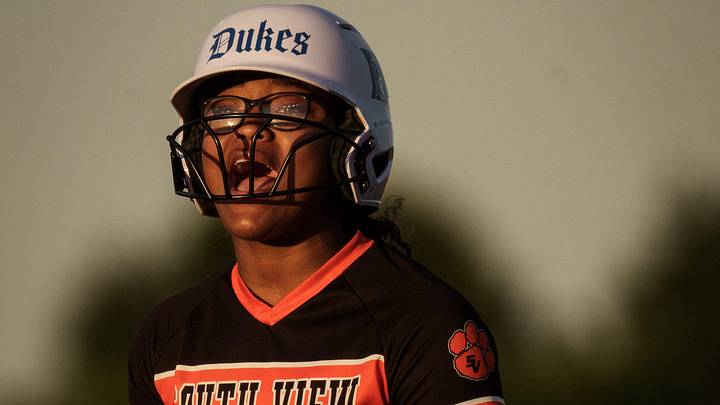 South View’s Jordynn Parnell shouts to her teammates from first base in the seventh inning during a playoff game on Tuesday, May 12, 2026, at Gray’s Creek High School. South View’s Jordynn Parnell shouts to her teammates from first base in the seventh inning during a playoff game on Tuesday, May 12, 2026, at Gray’s Creek High School.