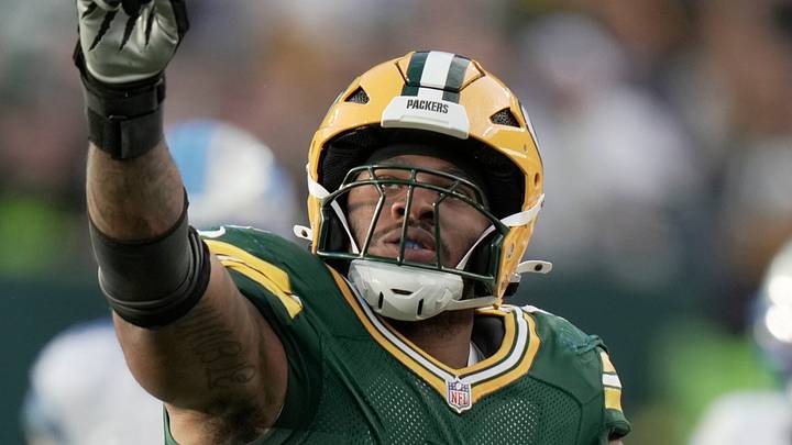 Green Bay Packers defensive end Micah Parsons (1) celebrates his sack during the fourth quarter of their game Sunday, September 7, 2025 at Lambeau Field in Green Bay, Wisconsin. The Green Bay Packers beat the Detroit Lions 27-13.
