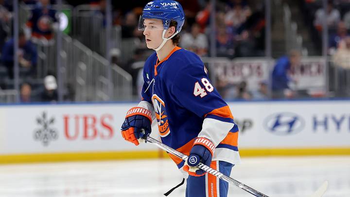 Mar 28, 2026; Elmont, New York, USA; New York Islanders defenseman Matthew Schaefer (48) skates against the Florida Panthers during the second period at UBS Arena. Mar 28, 2026; Elmont, New York, USA; New York Islanders defenseman Matthew Schaefer (48) skates against the Florida Panthers during the second period at UBS Arena.